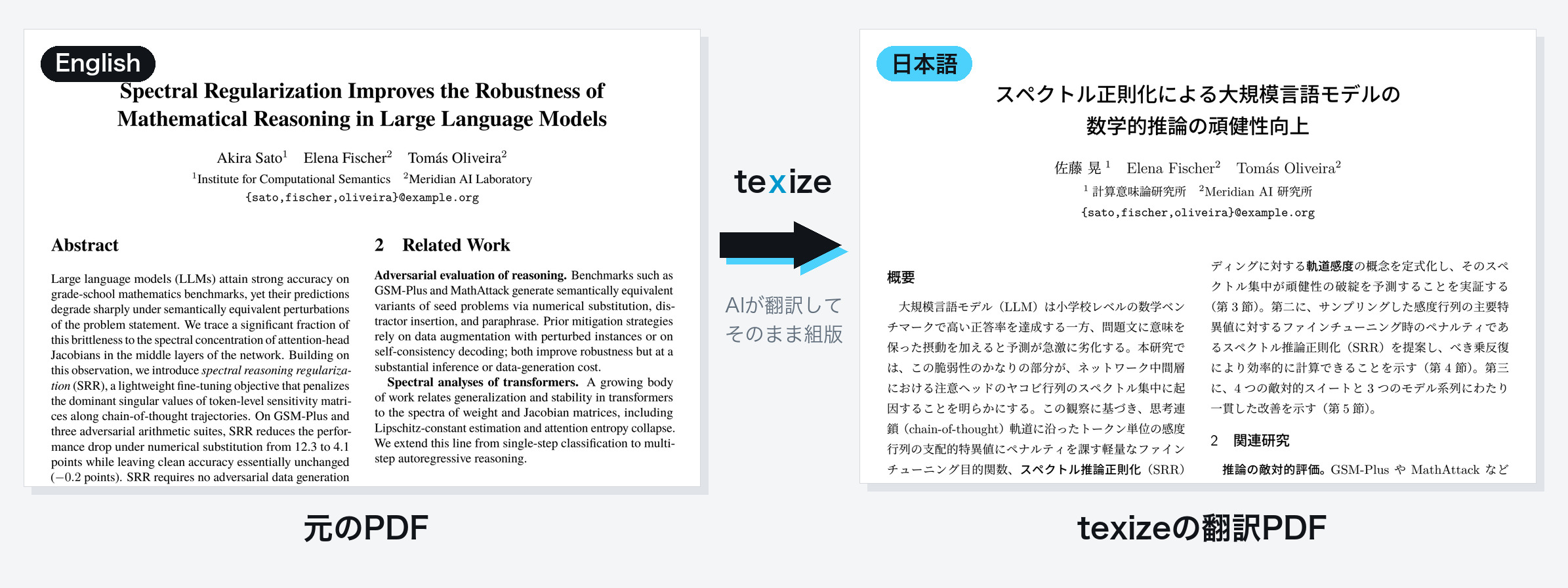 英語論文の1ページ目が、texizeで日本語の翻訳PDFになる比較